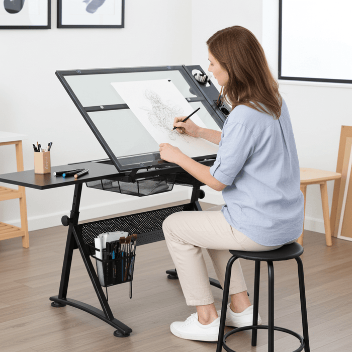 Professional Tempered Glass Drafting Table with Adjustable Angle and Bonus Stool - Monsta Online
