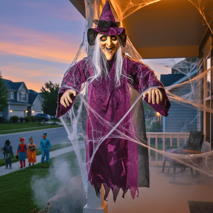 5.9ft Sound - Activated Hanging Witch with Light - Up Eyes and Creepy Voice - Monsta Online
