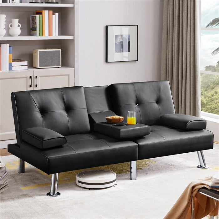 3 - in - 1 Convertible Futon Sofa Bed with Cup Holders and Plush Pillows - Monsta Online