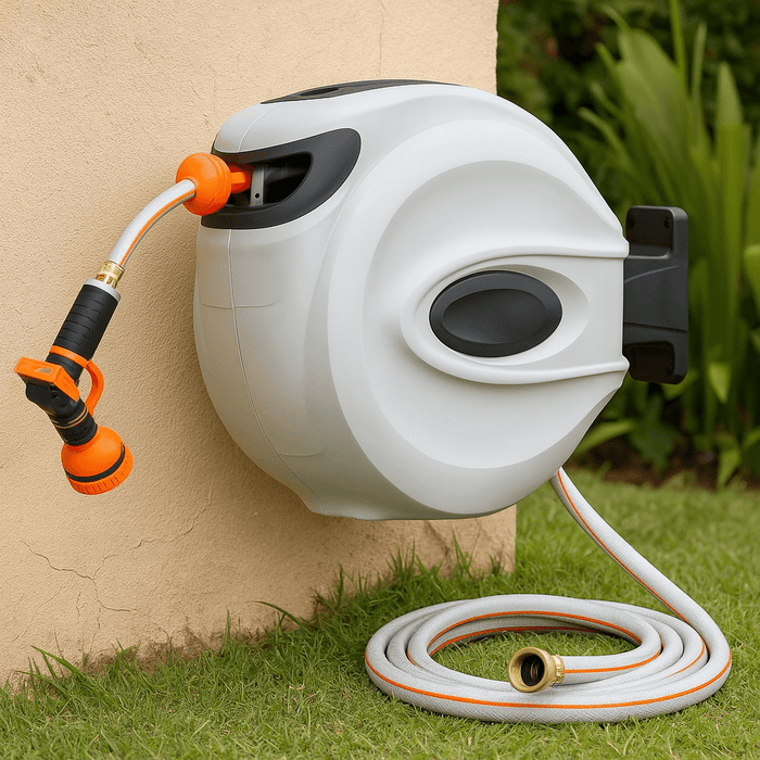 65ft Retractable Garden Hose Reel with 180° Swivel Wall Mount Design - Monsta Online
