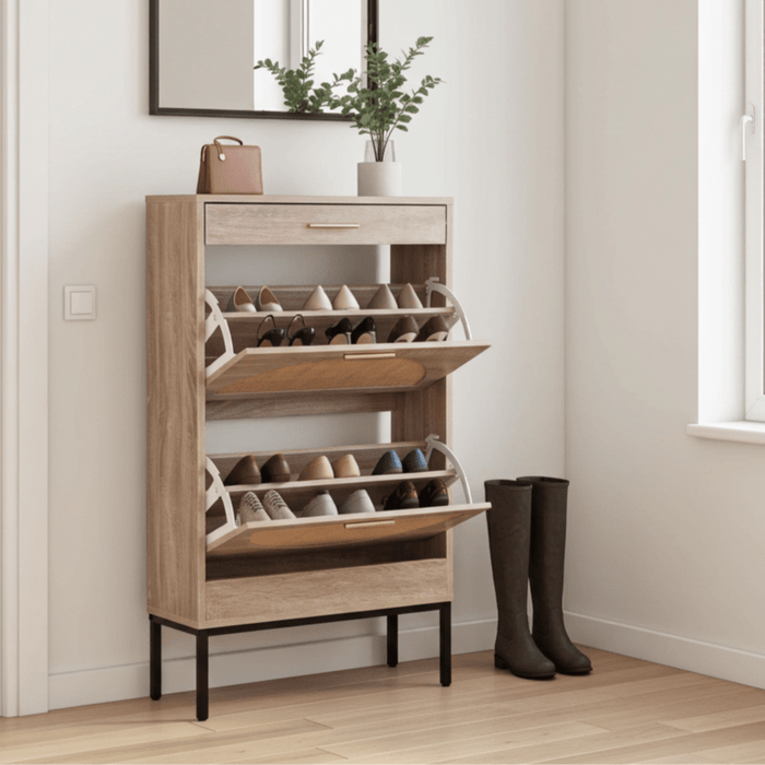 Modern Shoe Cabinet with Rattan Flip Drawers and Metal Frame - Monsta Online
