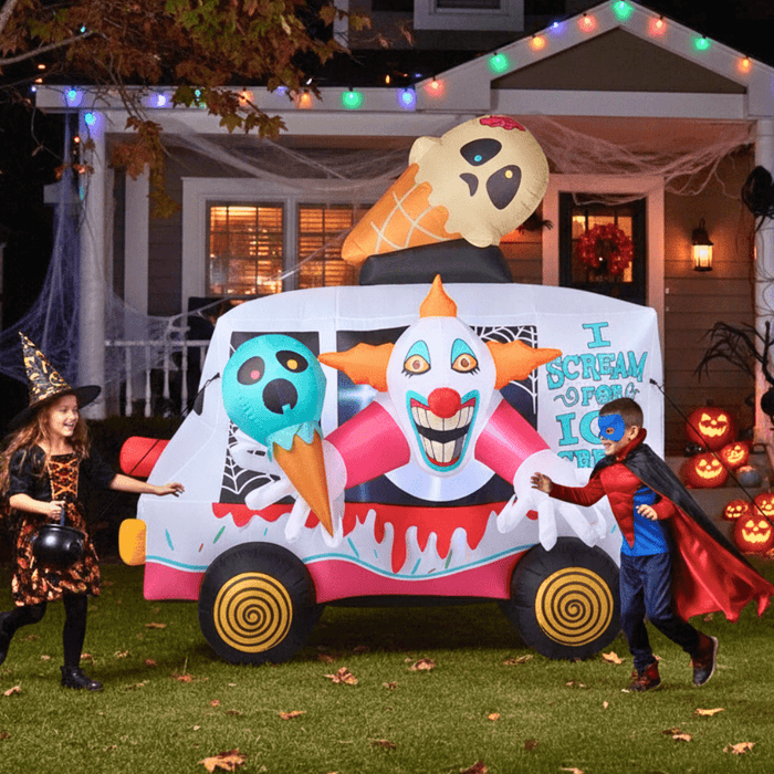 8ft Scary Clown Ice Cream Truck Halloween Inflatable with LED Lights - Monsta Online