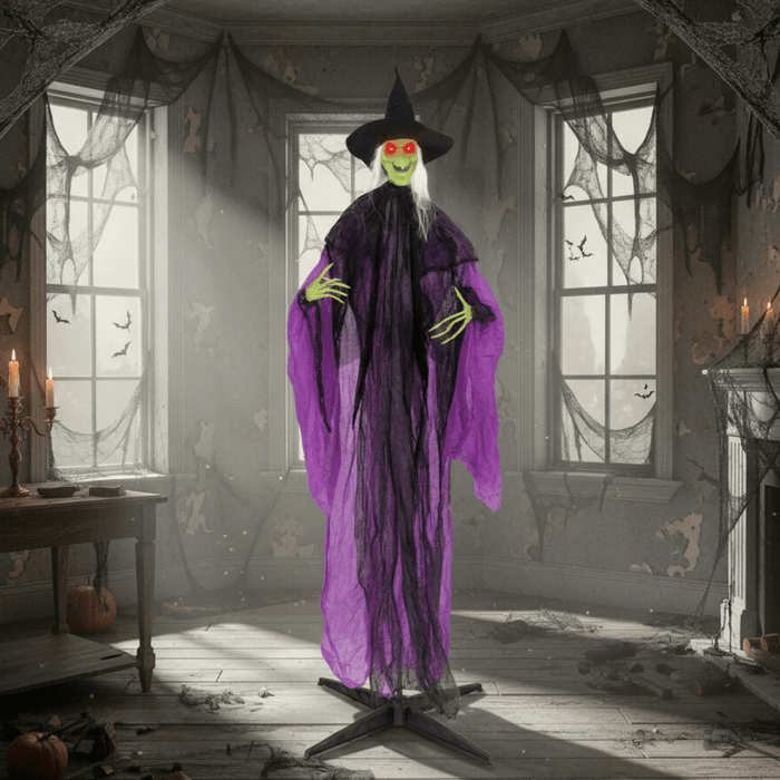 7.2ft Sound - Activated Animatronic Halloween Witch - Glowing Eyes, Eerie Arm Movements - Monsta Online