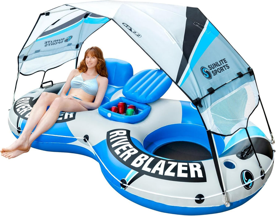 Heavy - Duty 2 - Person River Tube Inflatable Float with Built - In Cooler and Canopy - Monsta Online