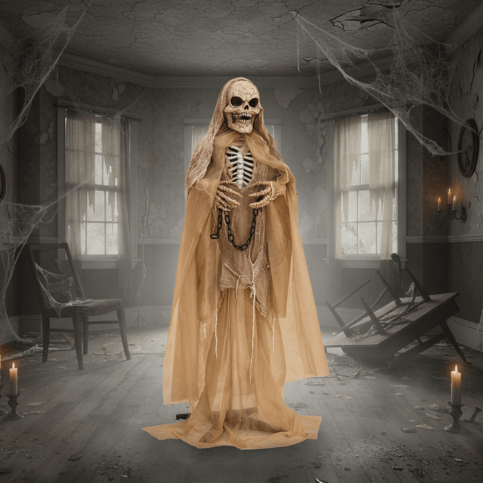 5.6ft Sound - Activated Animatronic Halloween Skeleton - Moveable Hands and Creepy Sounds - Monsta Online