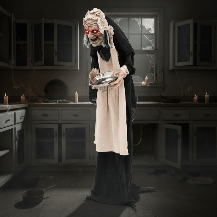 5.2ft Halloween Animatronic Old Lady Maid – Motion Activated with Flashing Red Eyes and Creepy Talking Phrases - Monsta Online