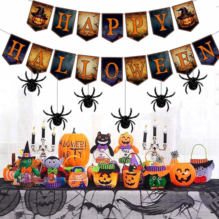 Happy Halloween Banner with Hanging Spider Garland – Party Decoration Set - Monsta Online