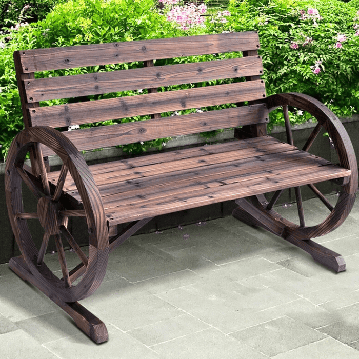 Beautiful Rustic Wagon Wheel Outdoor Bench for Porch and Patio Relaxation - Monsta Online