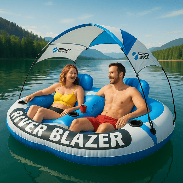 Heavy - Duty 2 - Person River Tube Inflatable Float with Built - In Cooler and Canopy - Monsta Online
