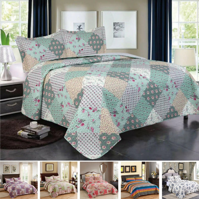 3 - Piece Floral Patchwork Quilt Set – Reversible Bedspread Coverlet for Queen & King Bed - Monsta Online