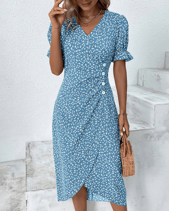 Vesper Wrap Midi Dress – Women's Faux - Wrap Flutter Sleeve Midi Dress - Monsta Online