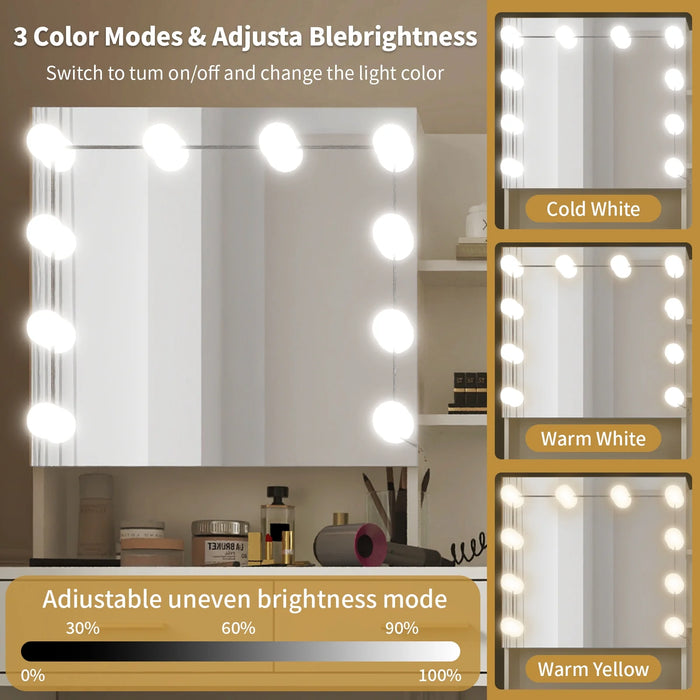 Large White Makeup Vanity with 10 Bulb Mirror, Storage Drawers and Charging Station - Monsta Online