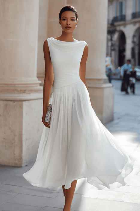 Vivienne Draped Pleated Midi Dress – Women's Sleeveless Fitted Wedding Guest Dress - Monsta Online