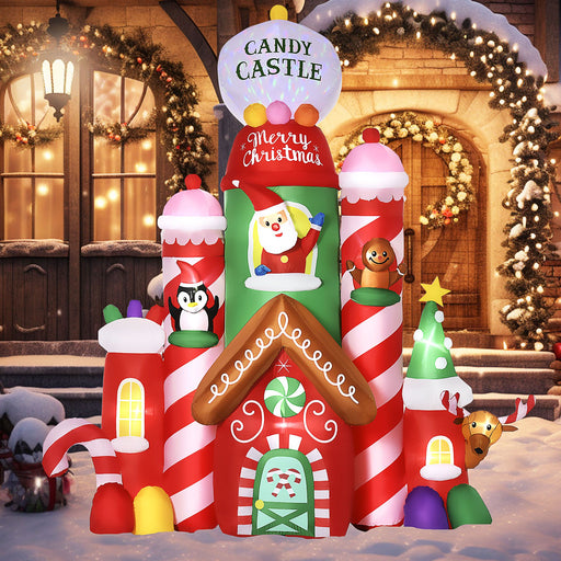 10FT Prelit Inflatable Candy Castle with Santa, Penguin & Friends and Rotating LED Lights - Outdoor Christmas Decoration - Monsta Online