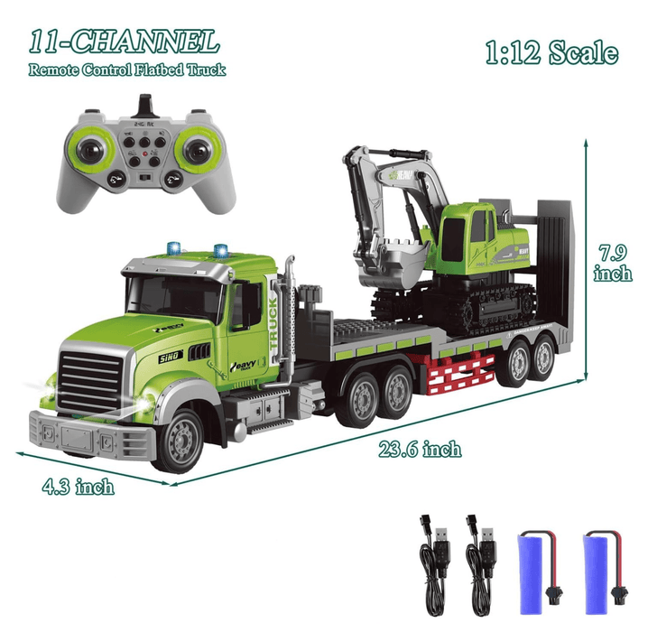 1:12 Scale RC Semi - Trailer Flatbed Truck with Excavator Radio Controled Toy Set for Kids with Dual Batteries - Monsta Online