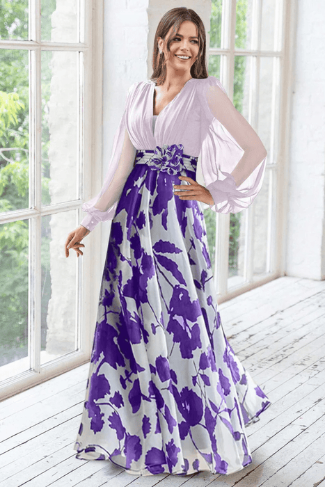 Valentina Floral Maxi Dress – Women's V Neck Balloon Sleeve Printed Wedding Guest Dress - Monsta Online