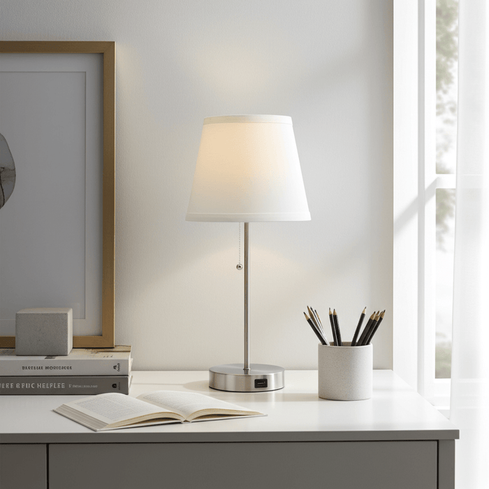 Elegant 18" Satin Nickel Bedside Table Lamp with Built - In USB Charging - Monsta Online
