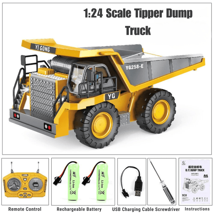 1:24 Scale 9CH Remote Control Tipper Dump Truck - 2.4GHz Construction Toy for Kids with Dual Batteries - Monsta Online