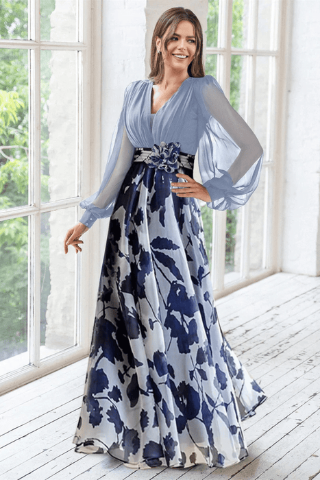 Valentina Floral Maxi Dress – Women's V Neck Balloon Sleeve Printed Wedding Guest Dress - Monsta Online