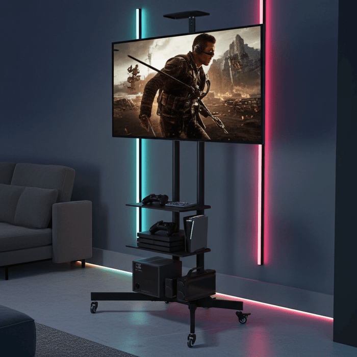 Height Adjustable Rolling TV Stand with Storage Shelves for 32–75 Inch Screens - Monsta Online