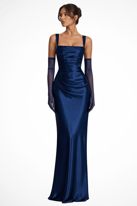 Vivienne Ruched Satin Maxi Dress Set – Women's Square Neck Wedding Guest Dress - Monsta Online