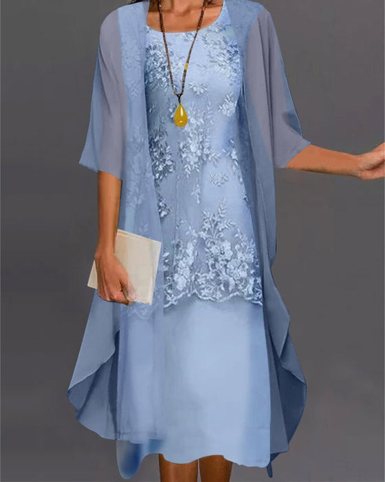 Women's Two - Piece Chiffon Dress Set – Elegant 3/4 Sleeve Patchwork Outfit - Monsta Online