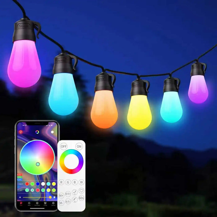 String lights with colorful bulbs and smartphone app controls on a dark background