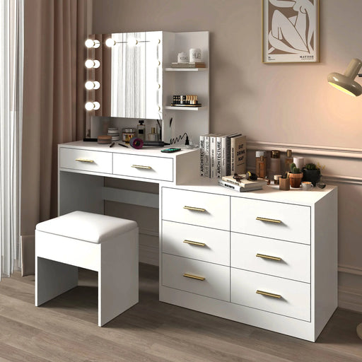 Large White Makeup Vanity with 10 Bulb Mirror, Storage Drawers and Charging Station - Monsta Online