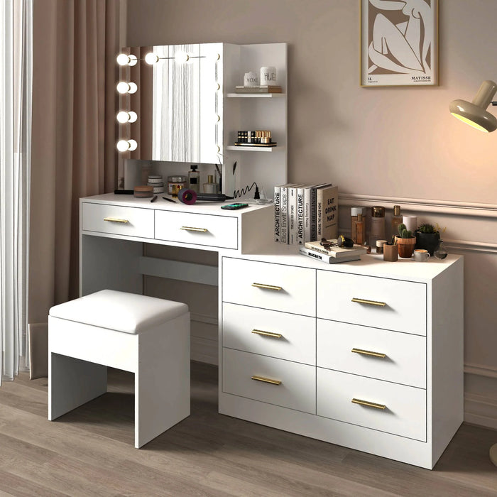 Large White Makeup Vanity with 10 Bulb Mirror, Storage Drawers and Charging Station - Monsta Online