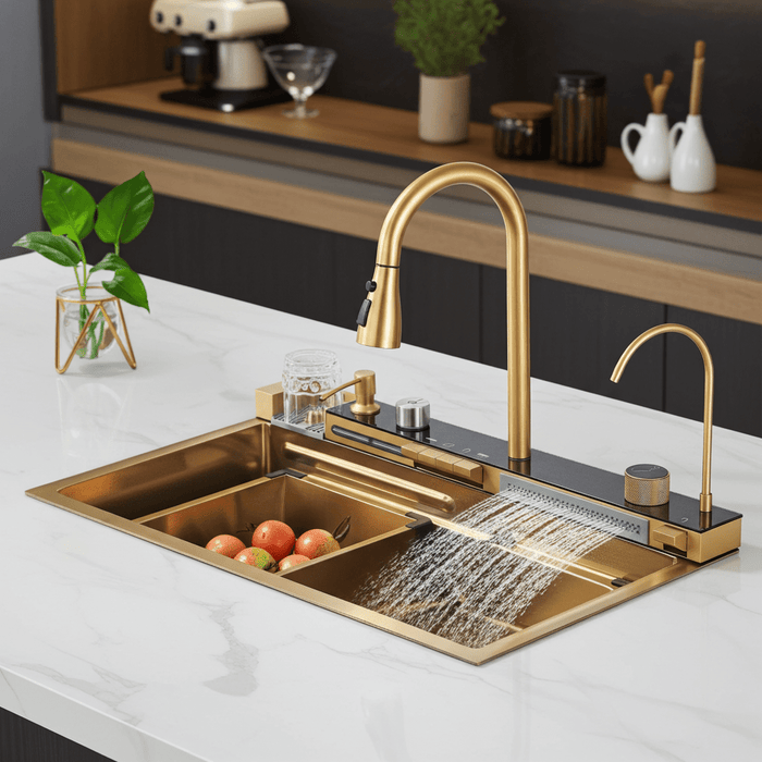 Modern 29.5" Stainless Steel Drop - In Waterfall Kitchen Sink with Pull Down Faucet - Monsta Online