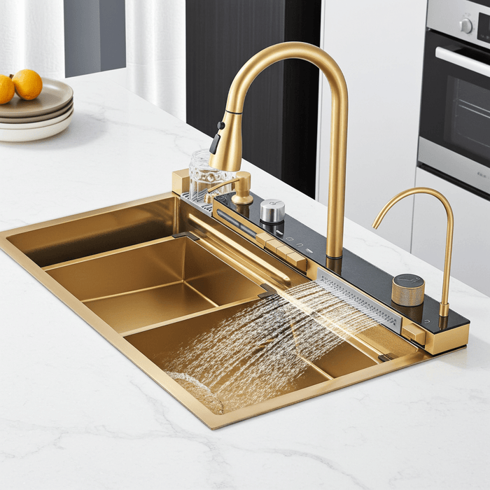 Modern 29.5" Stainless Steel Drop - In Waterfall Kitchen Sink with Pull Down Faucet - Monsta Online