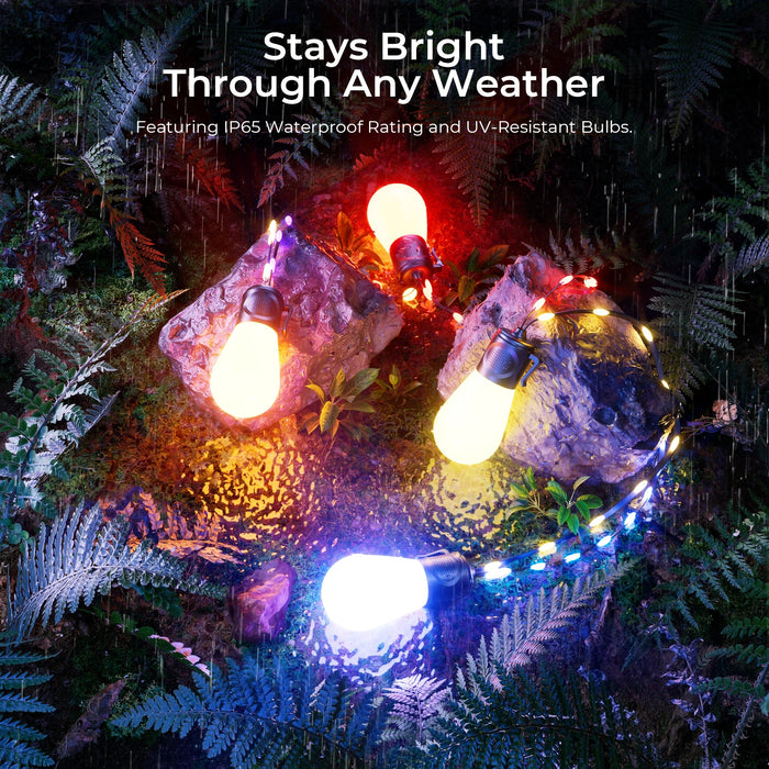 String lights on rocks with text 'Stays Bright Through Any Weather' and product features.