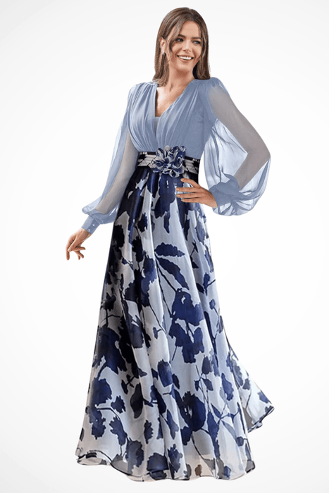 Valentina Floral Maxi Dress – Women's V Neck Balloon Sleeve Printed Wedding Guest Dress - Monsta Online
