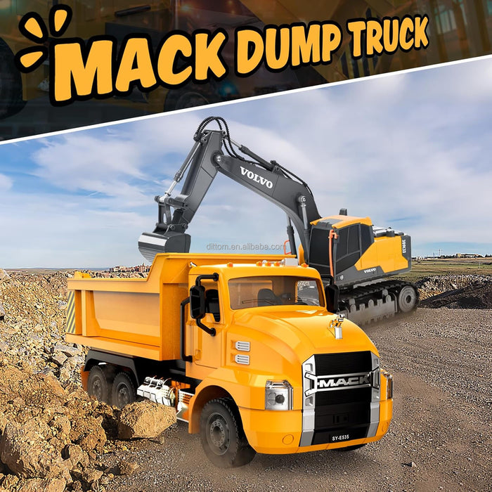 Premium 1:26 Scale Mack RC Dump Truck Toy for Kids - Remote Control Construction with Lights - Monsta Online