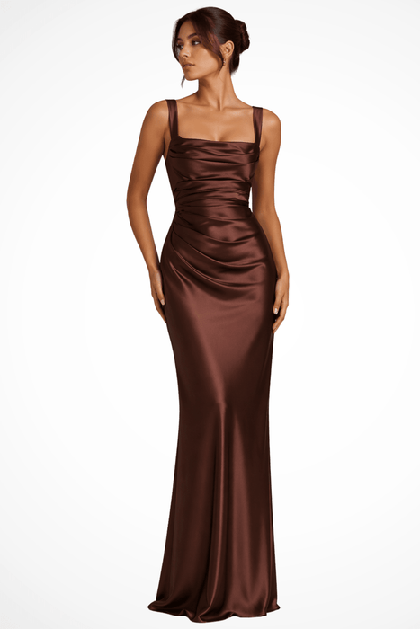 Vivienne Ruched Satin Maxi Dress Set – Women's Square Neck Wedding Guest Dress - Monsta Online