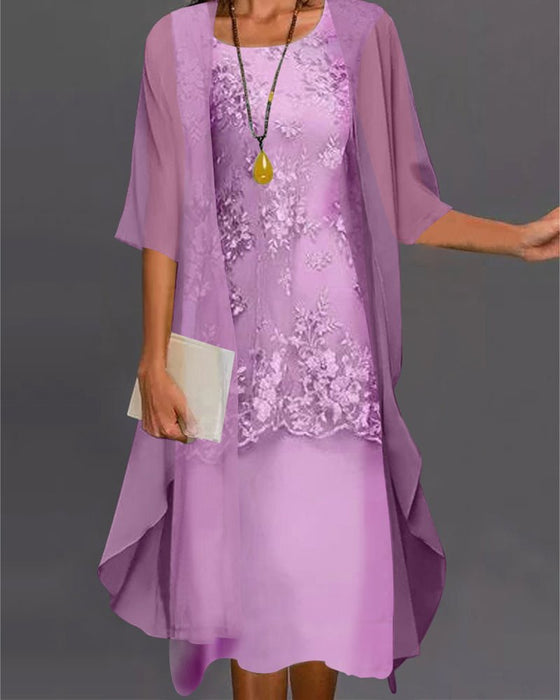 Women's Two - Piece Chiffon Dress Set – Elegant 3/4 Sleeve Patchwork Outfit - Monsta Online