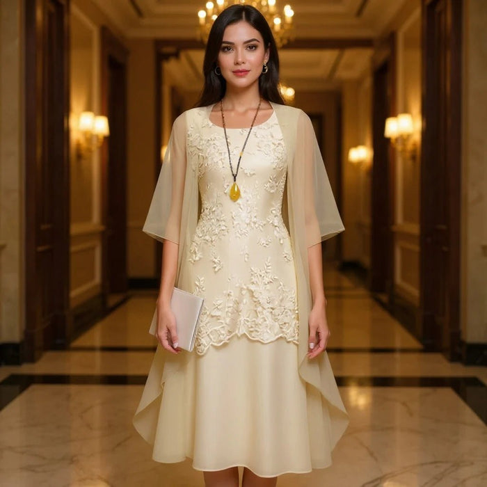 Women's Two - Piece Chiffon Dress Set – Elegant 3/4 Sleeve Patchwork Outfit - Monsta Online