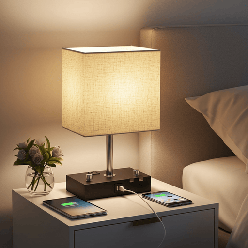 Fully Dimmable Bedside Table Lamp with Power Outlets USB Ports and Wooden Base - Monsta Online