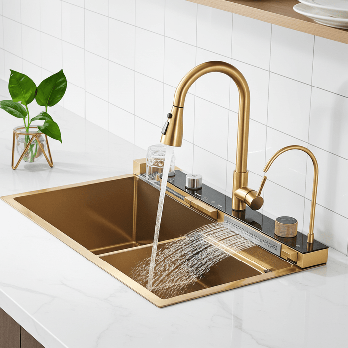 Modern 29.5" Stainless Steel Drop - In Waterfall Kitchen Sink with Pull Down Faucet - Monsta Online