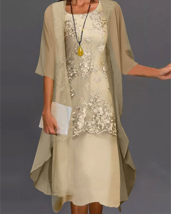 Women's Two - Piece Chiffon Dress Set – Elegant 3/4 Sleeve Patchwork Outfit - Monsta Online