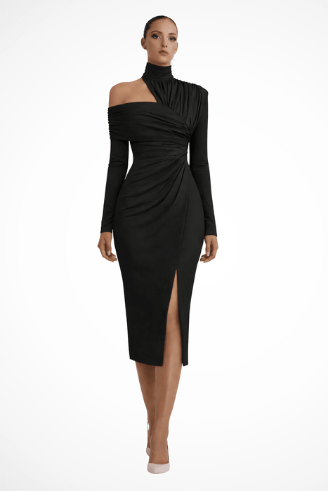 Delphina One Shoulder Midi Dress – Women's Asymmetric High Neck Draped Dress - Monsta Online