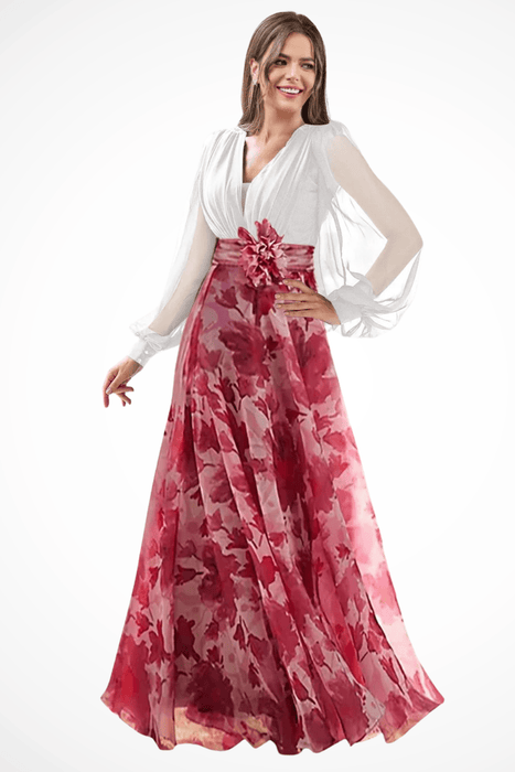 Valentina Floral Maxi Dress – Women's V Neck Balloon Sleeve Printed Wedding Guest Dress - Monsta Online