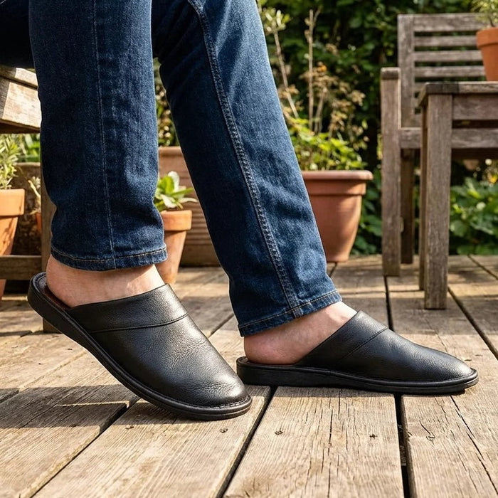 Men's Black Cowhide Leather Slippers – Arch Support, Non - Slip & Lightweight Footwear - Monsta Online