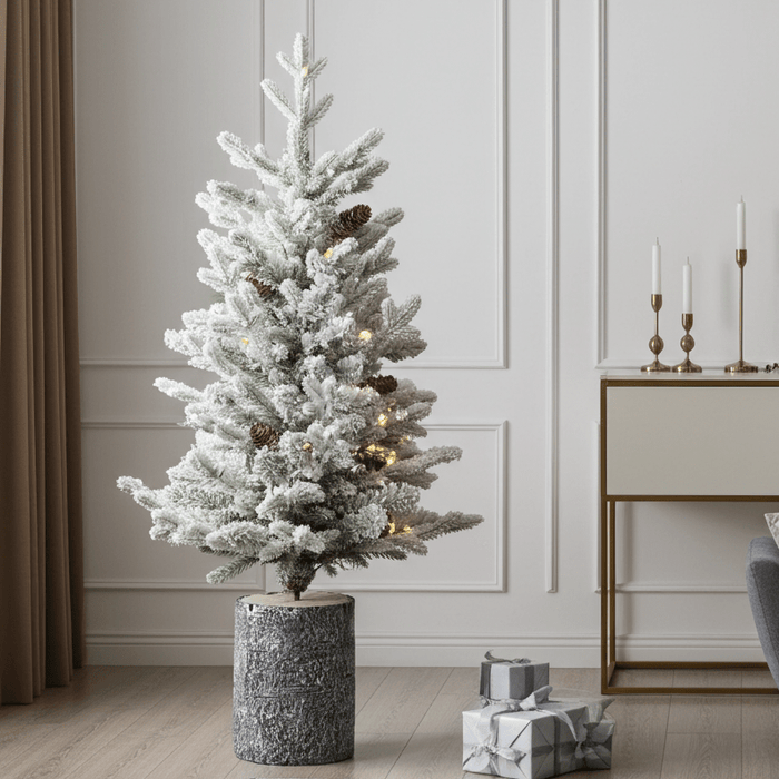 4.5FT Pre - Lit Snow Flocked Potted Christmas Tree — 150 Lights, Small Artificial Tree - Monsta Online