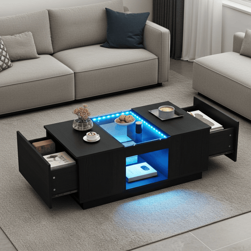 40" Modern LED Coffee Table with Hidden Storage Drawers and Charging Station - Monsta Online