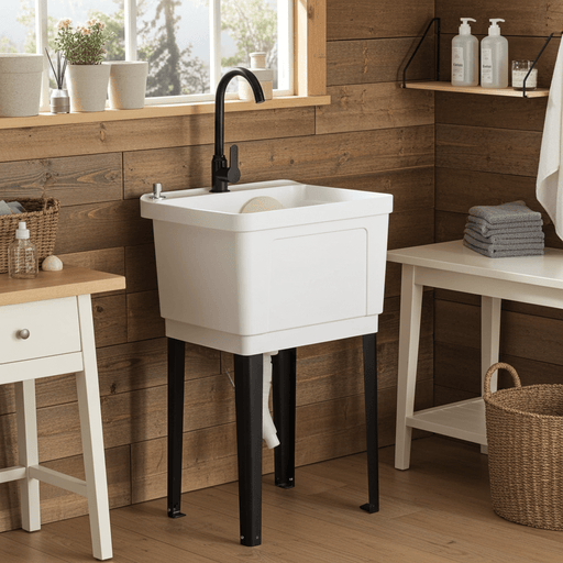 1 - Basin Freestanding Utility Laundry Sink with Stainless Steel Faucet and Drainboard - Monsta Online