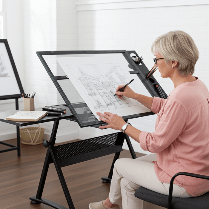 Professional Tempered Glass Drafting Table with Adjustable Angle and Bonus Stool - Monsta Online