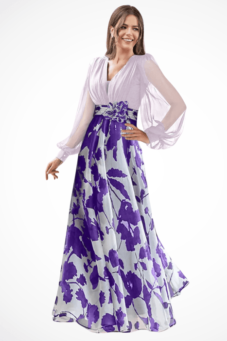 Valentina Floral Maxi Dress – Women's V Neck Balloon Sleeve Printed Wedding Guest Dress - Monsta Online