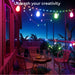 Outdoor patio with string lights and 'Unleash your creativity' text