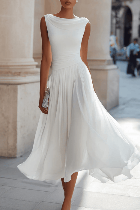Vivienne Draped Pleated Midi Dress – Women's Sleeveless Fitted Wedding Guest Dress - Monsta Online